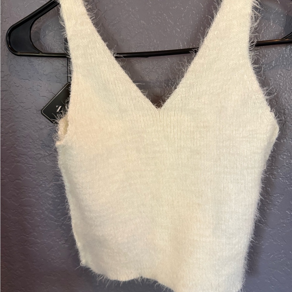 Fuzzy White Knit Tank Top